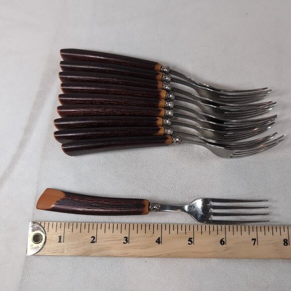 Vintage Glo-Hill Faux Antler Forks 10 Set Faux Wood Stainless Steel Cutlery - Picture 10 of 10